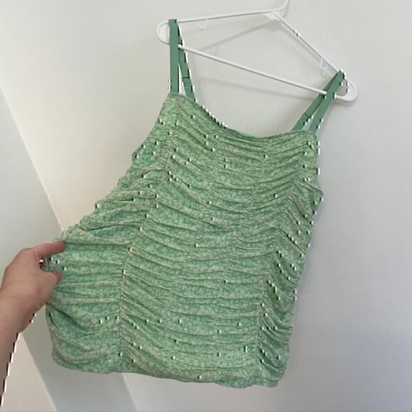 NEW NWT TORRID 1 Plus Size Stretch Mesh Cropped Shirred Cami Mint Green Floral - Picture 8 of 12